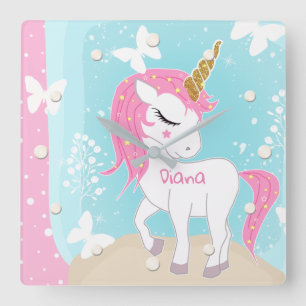 Cute unicorn with butterflies. square wall clock