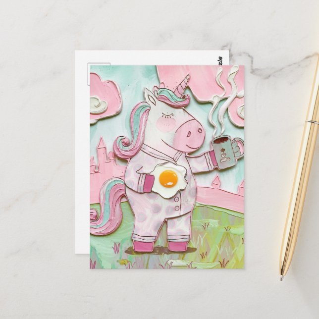 Cute Unicorn With Coffee and Egg Postcard (Front/Back In Situ)