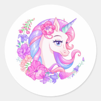 Cute Unicorn with Flowers Classic Round Sticker
