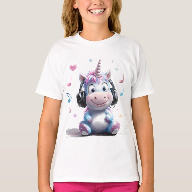 Cute Unicorn with Headphones T-Shirt  (Front)