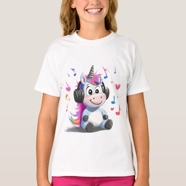 Cute Unicorn with Headphones T-Shirt  (Front)