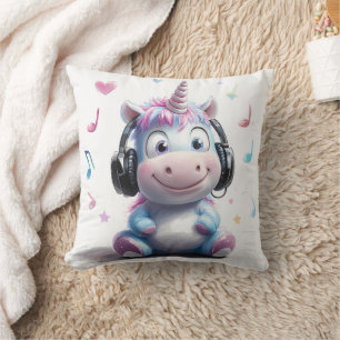 Cute Unicorn with Headphones Throw Pillow