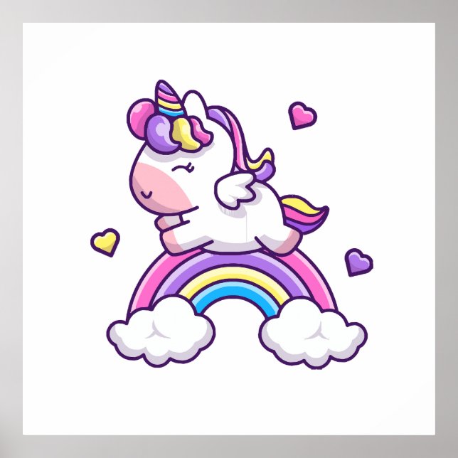 Cute Unicorn With Rainbow Cartoon Poster (Front)