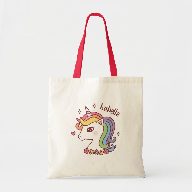 Cute Unicorn with Rainbow Mane Doodle Girls Name K Tote Bag (Front)