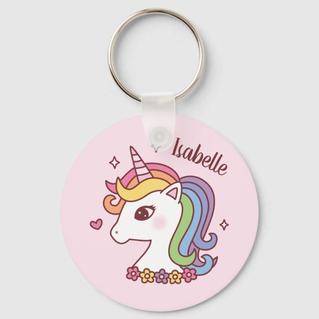 Cute Unicorn with Rainbow Mane Doodle Girls Name Key Ring (Front)