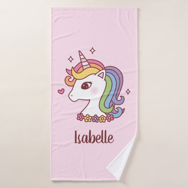 Cute Unicorn with Rainbow Mane Girls Personalised Bath Towel (Bath Towel)