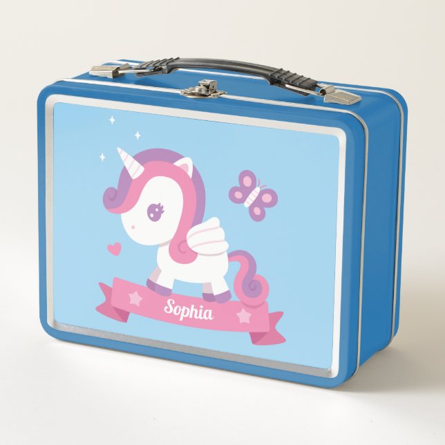 Cute Unicorn with Wings Girls Metal Lunch Box (Front)