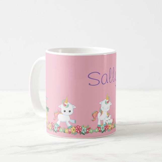 Cute Unicorns and Floral Personalised Coffee Mug (Front Left)