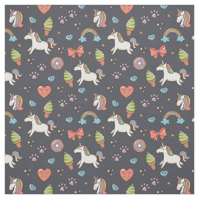 Cute Unicorns and Rainbows Midnight Blue Pattern Fabric (Swatch)