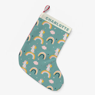 Cute Unicorns and Rainbows Teal Personalized Small Christmas Stocking