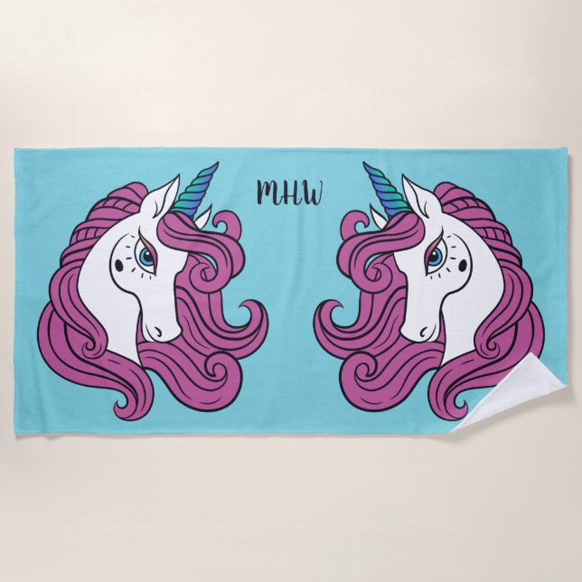 Cute Unicorns custom monogram & colour beach towel (Front)