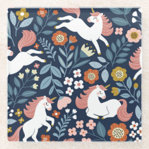 Cute Unicorns Floral Vintage Pattern Glass Coaster
