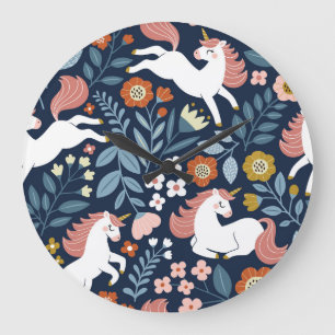Cute Unicorns Floral Vintage Pattern Large Clock