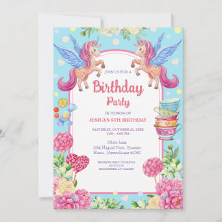 Cute Unicorns Flowers Watercolor Birthday Invitati Invitation