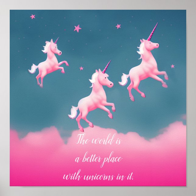 Cute Unicorns Flying Pink Quote Script Poster (Front)