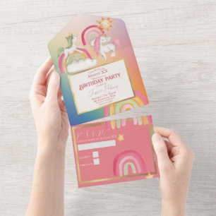 Cute Unicorns on a Rainbow All In One Invitation