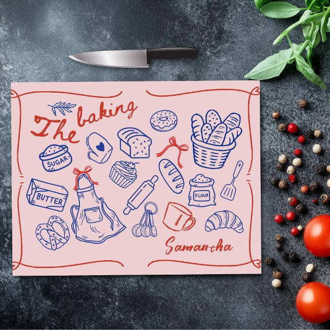 Cute Unique Blue Red Baking Doodles Kitchen Gift Cutting Board (Creator Uploaded)