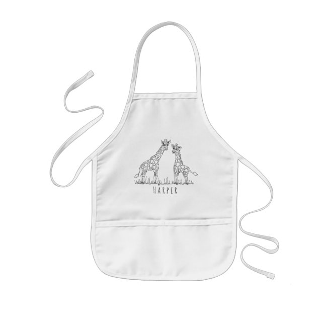 Cute Unisex Doodle Giraffes Safari with Name Kids Apron (Front)