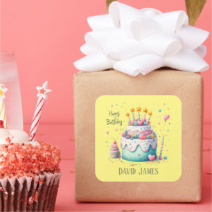 Cute unisex Happy Birthday cake add name Square Sticker