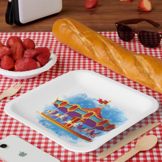 cute unisex kids carousel add text paper plate (Picnic)