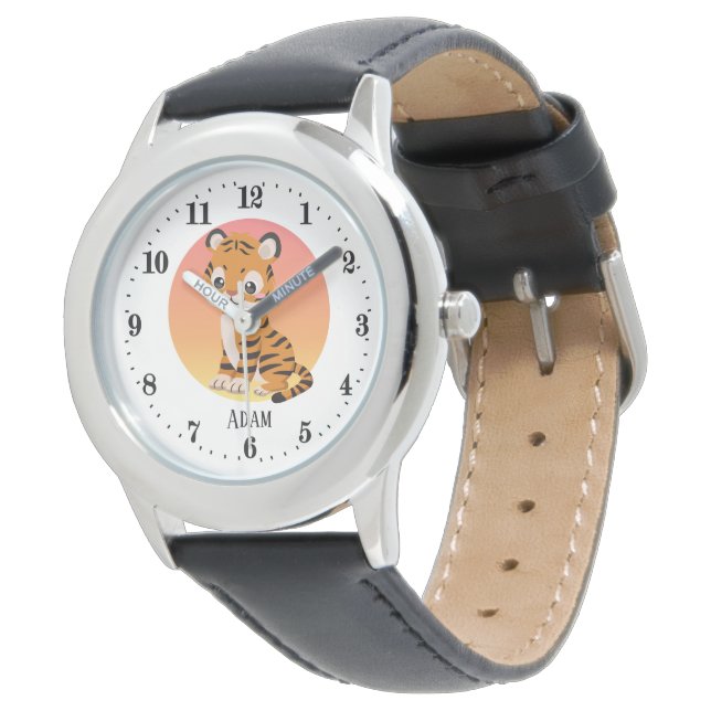 cute unisex kids tiger jungle lovers add name watch (Angled)