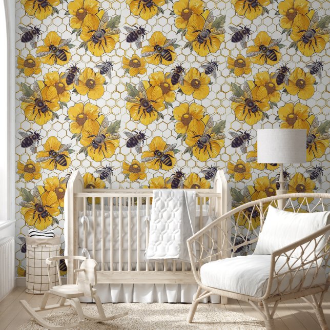 Cute unisex tiled bee pattern wallpaper (Kids)