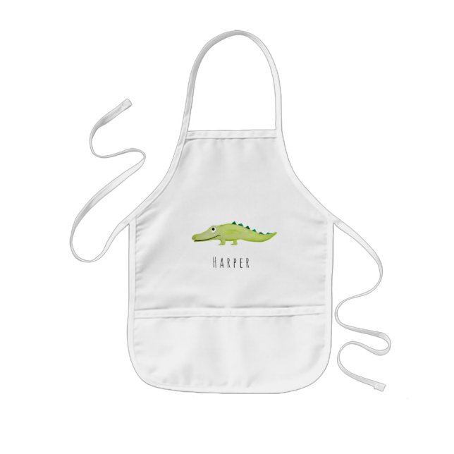 Cute Unisex Watercolor Crocodile Safari with Name Kids Apron (Front)