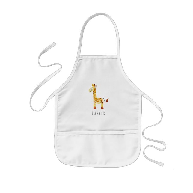 Cute Unisex Watercolor Giraffe Safari with Name Kids Apron (Front)