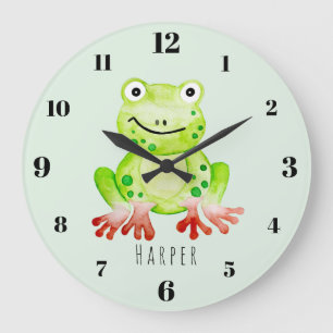 Cute Unisex Watercolor Jungle Green Frog Nursery Large Clock
