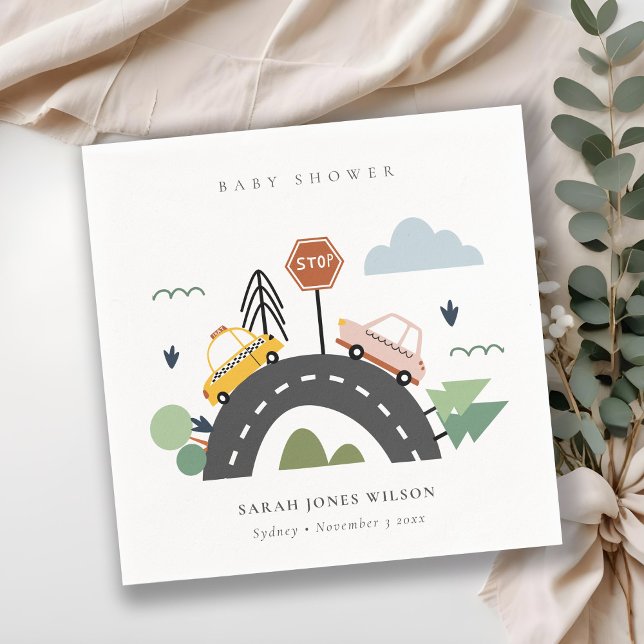 Cute Urban Vehicle Cars Road Cityscape Baby Shower Napkin (Creator Uploaded)