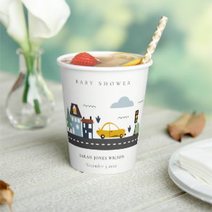 Cute Urban Vehicle Cars Road Cityscape Baby Shower Paper Cups