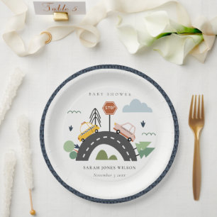 Cute Urban Vehicle Cars Road Cityscape Baby Shower Paper Plate