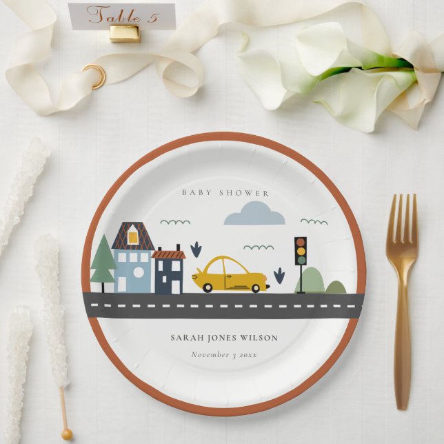 Cute Urban Vehicle Cars Road Cityscape Baby Shower Paper Plate (Wedding)