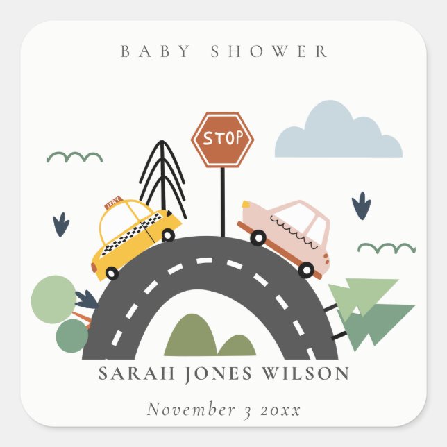 Cute Urban Vehicle Cars Road Cityscape Baby Shower Square Sticker (Front)