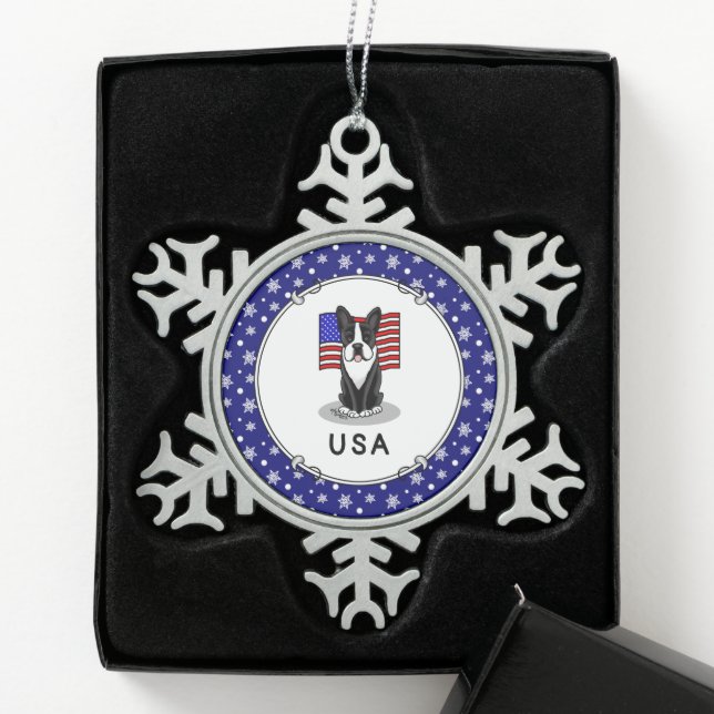 Cute USA American Flag Boston Terrier Dog (black) Snowflake Pewter Christmas Ornament (Box)