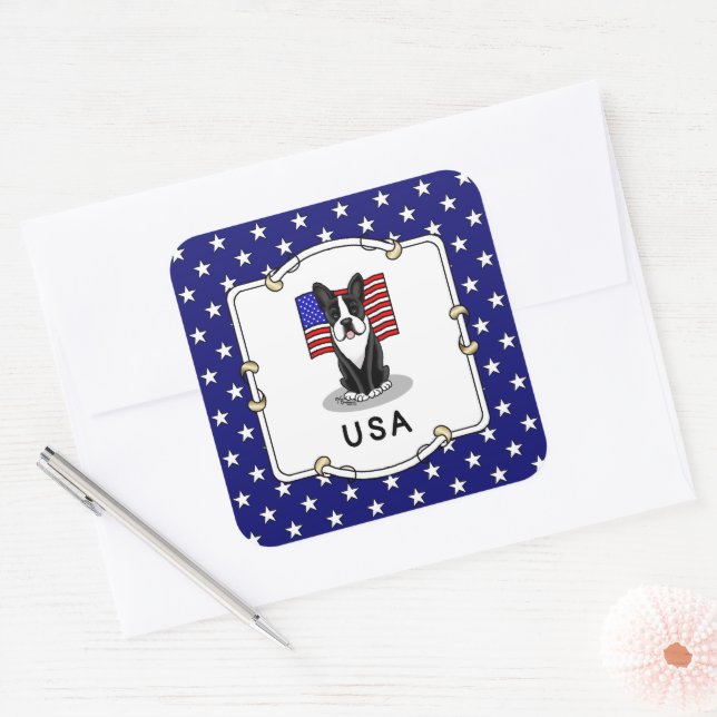 Cute USA American Flag Boston Terrier Dog (black) Square Sticker (Envelope)