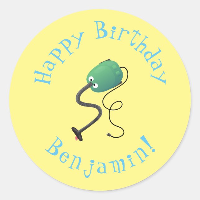 Cute vacuum cleaner personalised birthday cartoon  classic round sticker (Front)