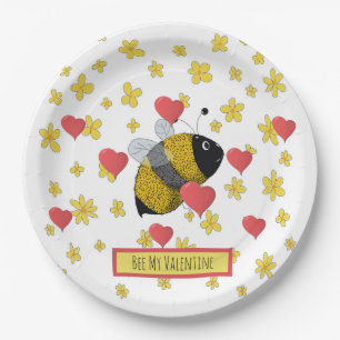 Cute Valentine Bumblebee Daisy Pink Heart Paper Plate