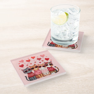 Cute Valentine Cats in Heart Sunglasses Glass Coaster