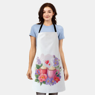 Cute Valentine Cocoa Mugs with Flowers & Hearts Apron