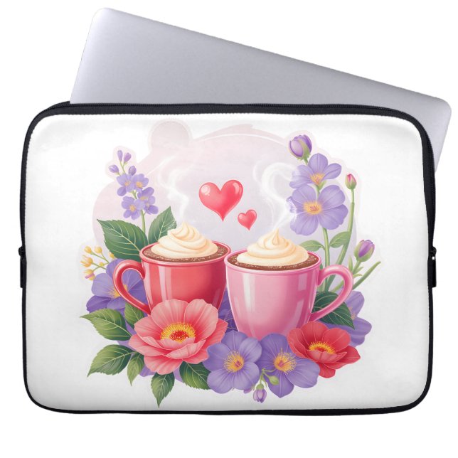 Cute Valentine Cocoa Mugs with Flowers & Hearts Laptop Sleeve (Front)