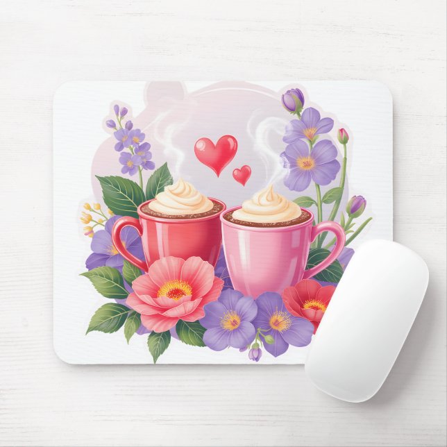 Cute Valentine Cocoa Mugs with Flowers & Hearts Mouse Pad (With Mouse)