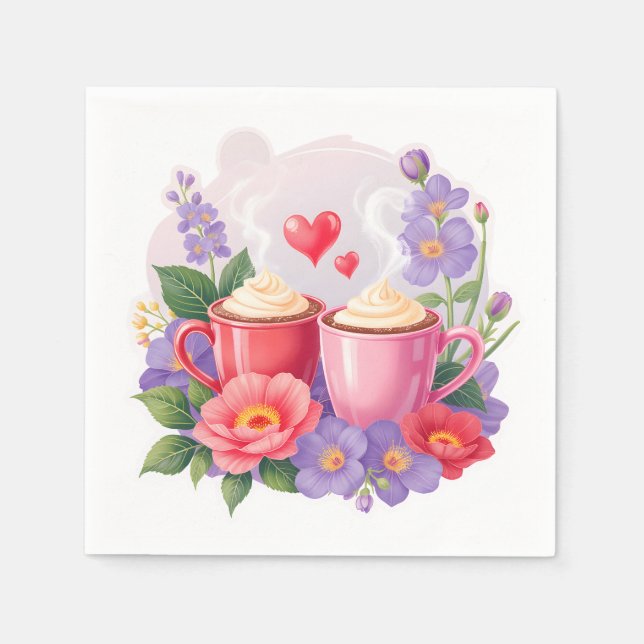 Cute Valentine Cocoa Mugs with Flowers & Hearts Napkin (Front)