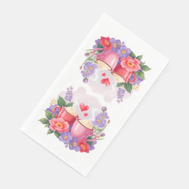 Cute Valentine Cocoa Mugs with Flowers & Hearts Napkin (Corner)