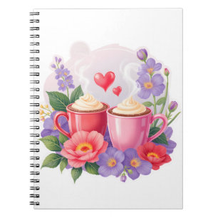 Cute Valentine Cocoa Mugs with Flowers & Hearts Notebook