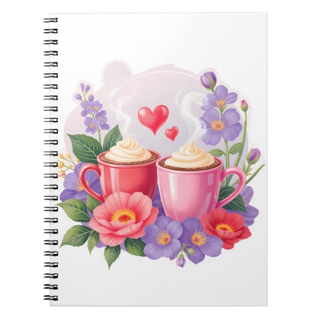 Cute Valentine Cocoa Mugs with Flowers & Hearts Notebook (Front)