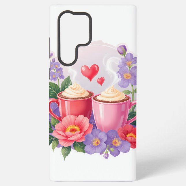 Cute Valentine Cocoa Mugs with Flowers & Hearts Samsung Galaxy S22 Ultra Case (Back)