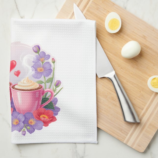 Cute Valentine Cocoa Mugs with Flowers & Hearts Tea Towel (Quarter Fold)