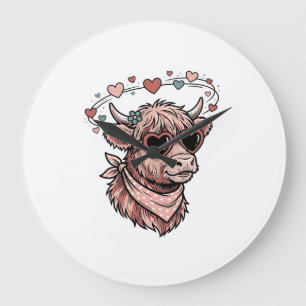 Cute Valentine Cow Vintage Engraving Heart Glasses Large Clock