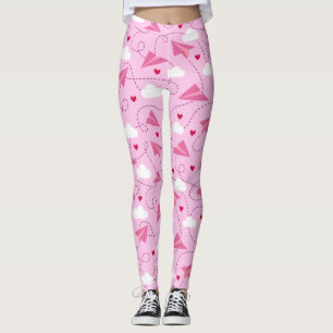 Cute Valentine Flying Aeroplane Red Pink Hearts Leggings